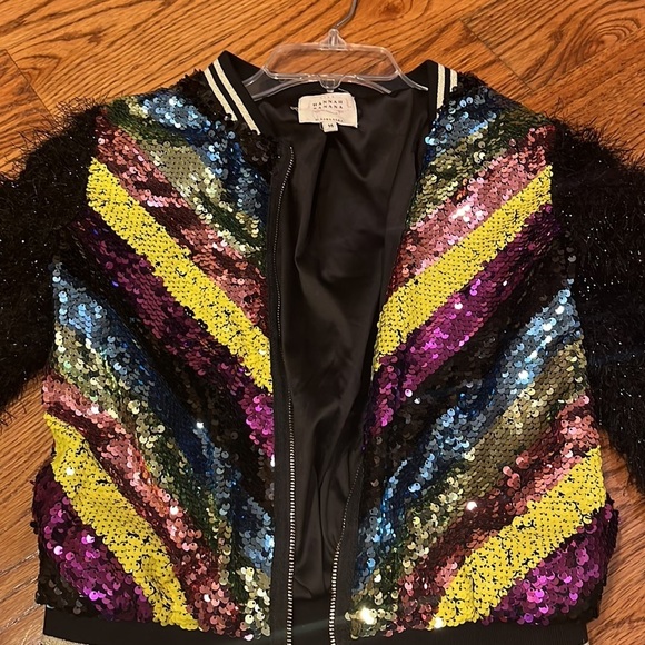 Hannah Banana Girl’s Sequin Jacket with Faux Fur Sleeves Size 14 - Picture 2 of 7